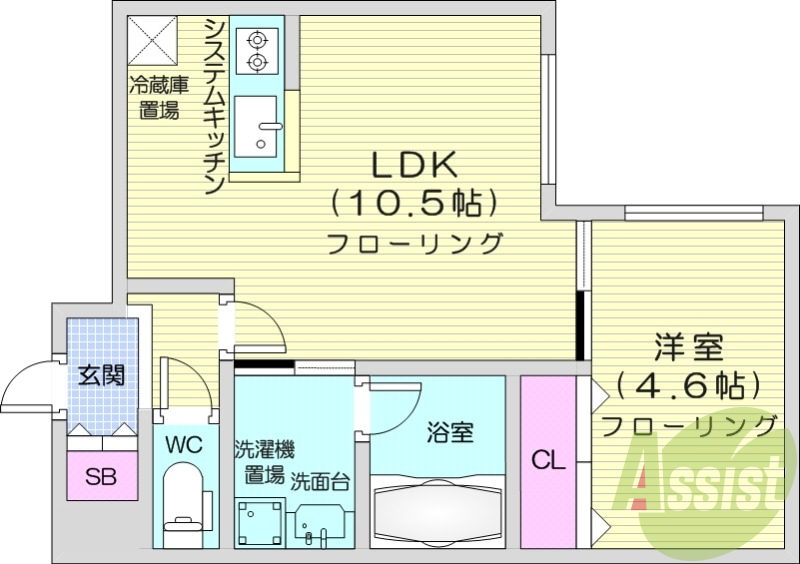 1LDK、システムキッチン、ウォークインクローゼット