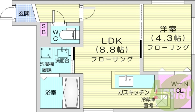 1LDK、都市ガス、エアコン、独立洗面台、浴室乾燥機、