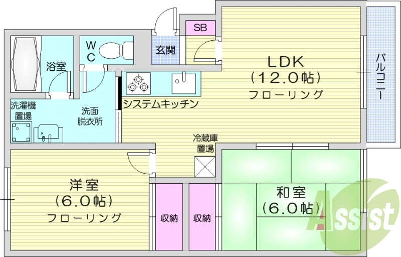 2LDK、独立洗面台、灯油FF暖房、システムキッチン