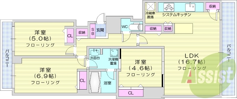 3LDK、都市ガス、システムキッチン
