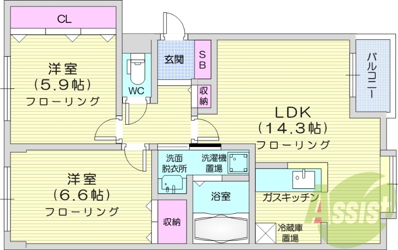 2LDK、シャンドレ、トランクルーム、バストイレ別