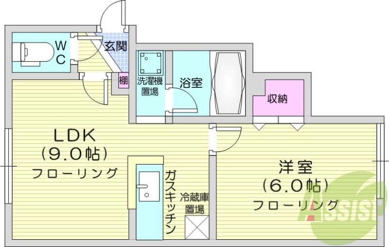 1LDK、インターネット無料、カウンターキッチン