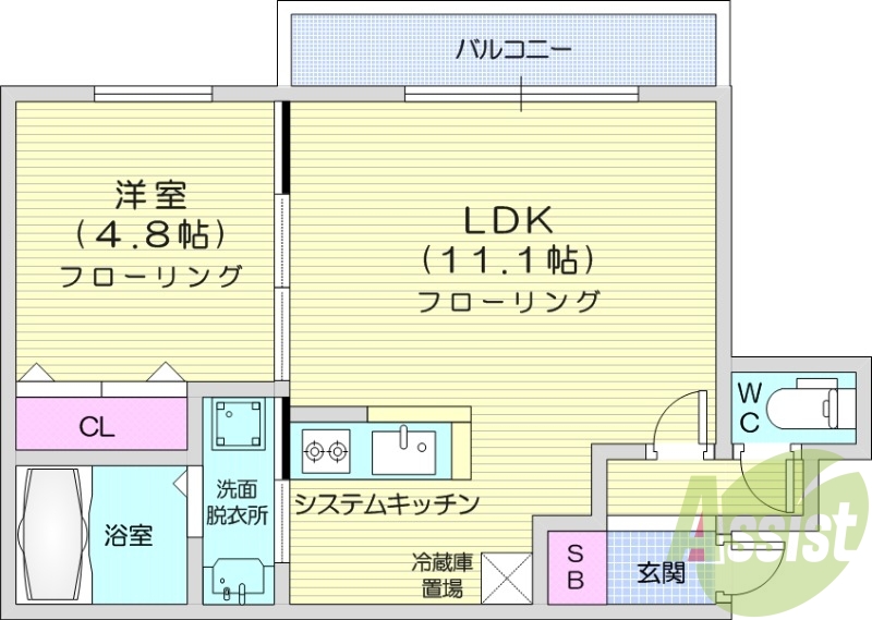 1LDK、システムキッチン、エアコン、ネット無料