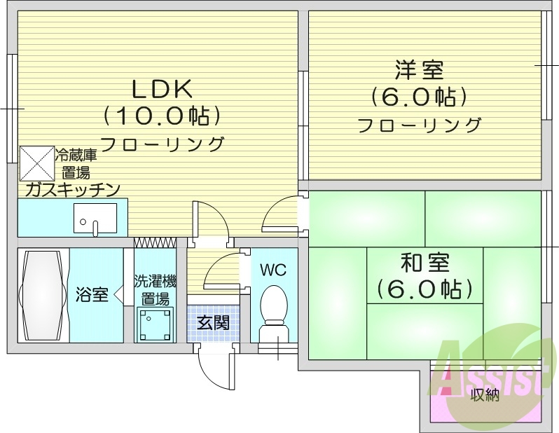 2LDK、ペット可、灯油暖房、最上階、収納