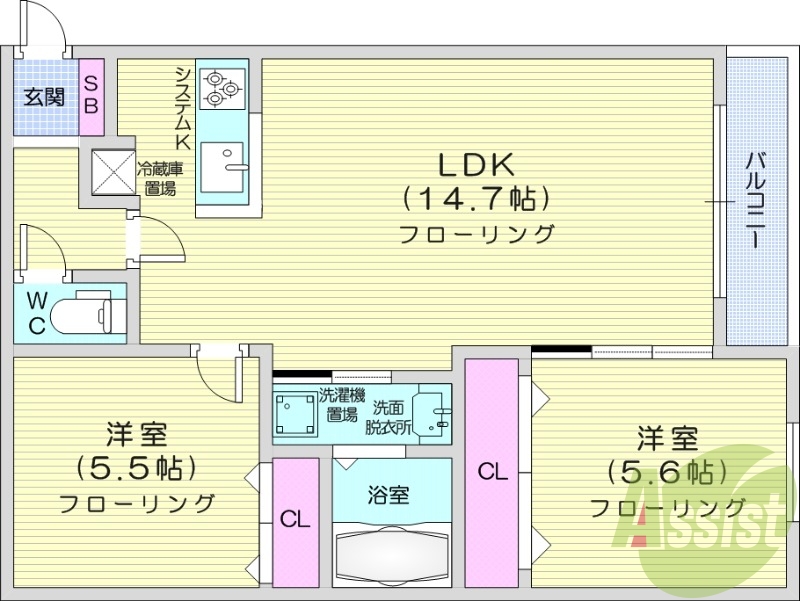 2LDK、オートロック、エアコン、システムキッチン