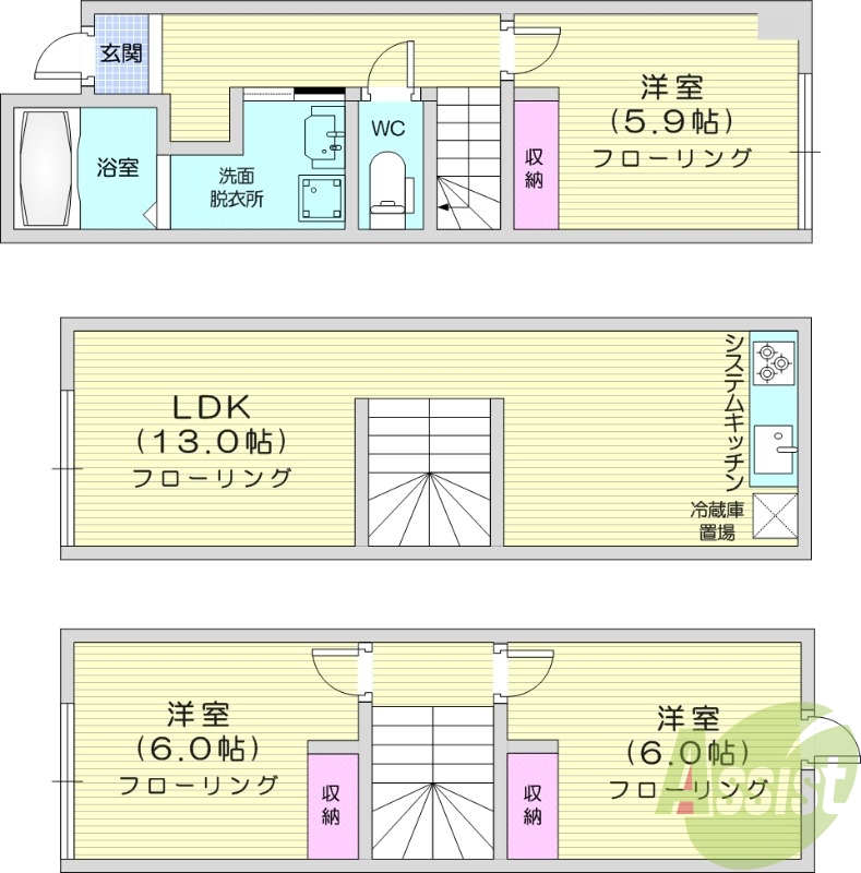 3LDK、追い焚き、一坪バス、メゾネット