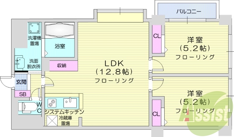2LDK、オール電化、独立洗面台、ウォークインクローゼット