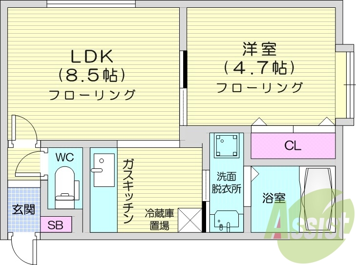 1LDK、灯油暖房、モニターホン、洗濯機置場