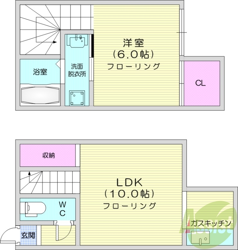 1LDK、灯油暖房、メゾネット、バストイレ別