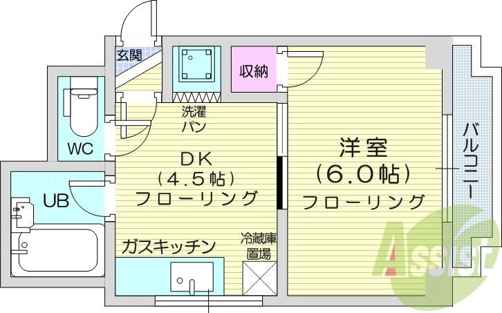 1DK、都市ガス、角部屋、バルコニー、シャワートイレ