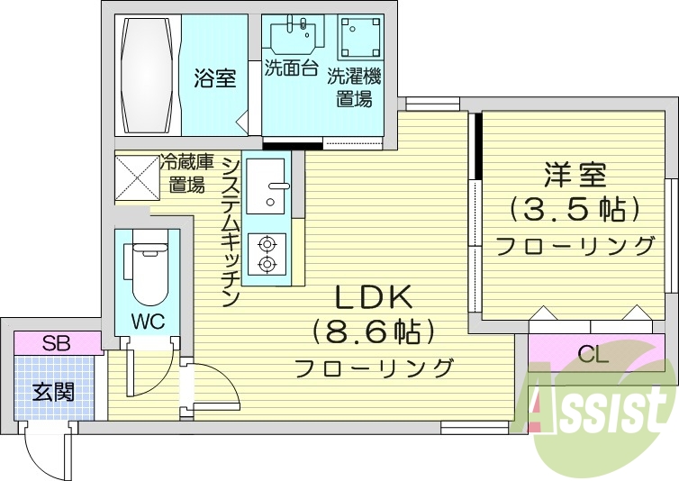 1LDK、エアコン、ネット無料、システムキッチン