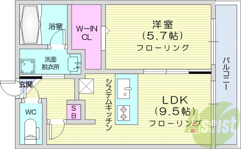 1LDK、都市ガス、エアコン、システムキッチン、ネット無料