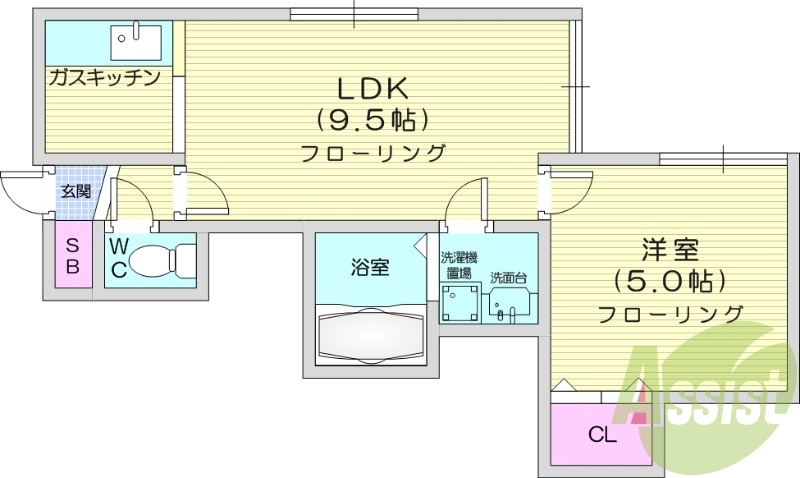 1LDK、灯油暖房、インターネット無料、脱衣所