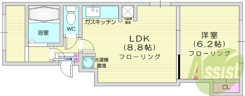 1LDKS、角部屋、バストイレ別、灯油暖房