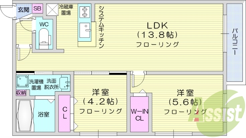 2LDK、都市ガス、エアコン、浴室乾燥機