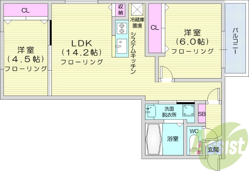 2LDK、都市ガス、浴室乾燥機、追炊き、エアコン