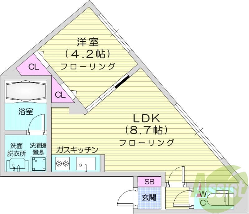 1LDK、エアコン、都市ガス、システムキッチン