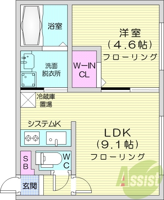 1LDK、エアコン、灯油暖房、ウォークインクローゼット