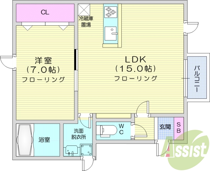 1ＬＤＫ、1坪バス、トランクルーム、灯油暖房