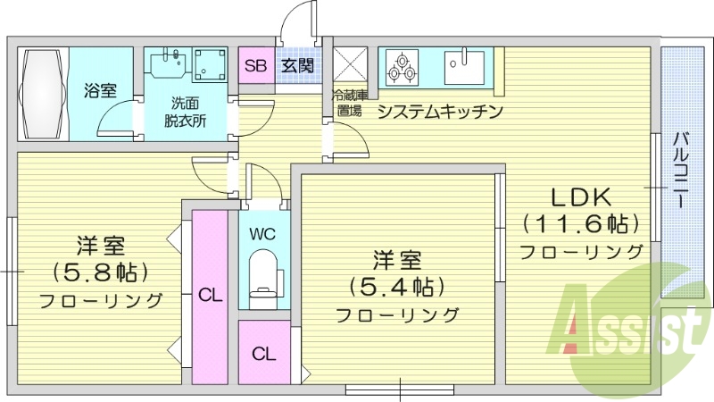 2LDK、都市ガス、システムキッチン、シャワートイレ