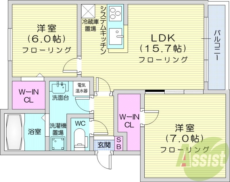 2LDK、対面システムキッチン、ウォークインクローゼット