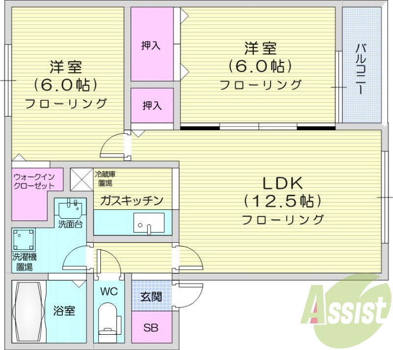 2LDK、トランクルーム、灯油暖房、バルコニー
