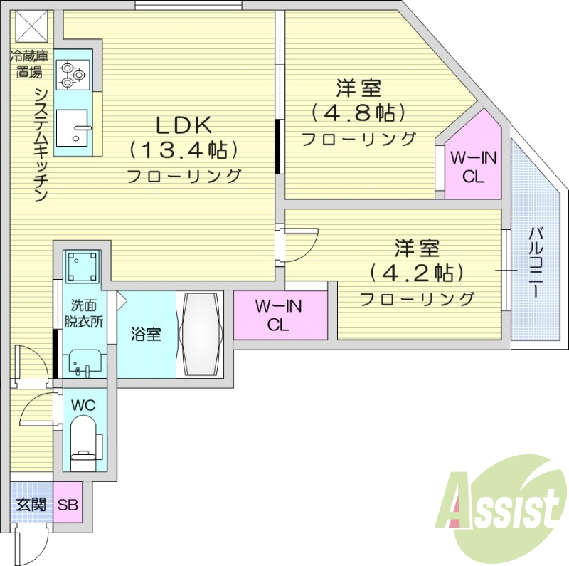 2LDK、都市ガス、エアコン、システムキッチン