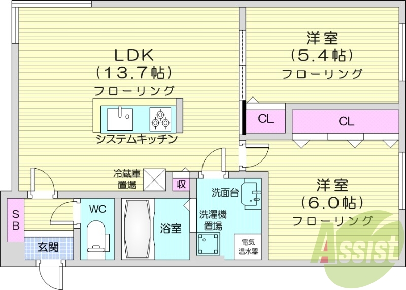 2LDK、対面システムキッチン、追い焚き、都市ガス