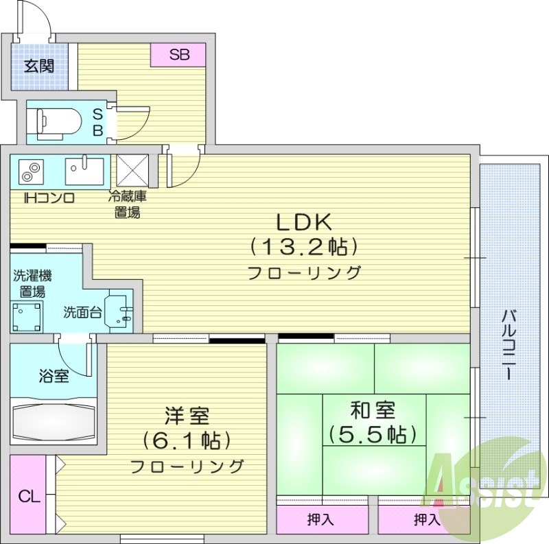 2LDK、バルコニー、シャワートイレ、灯油暖房