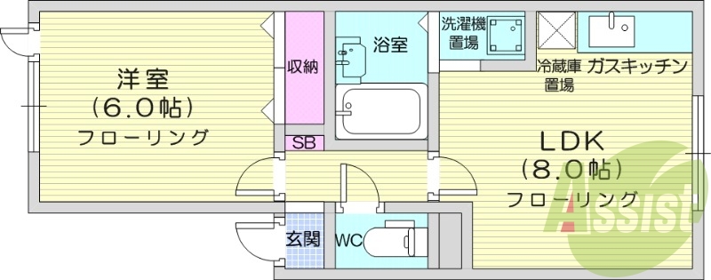 1LDK、シャワートイレ、灯油暖房、角部屋