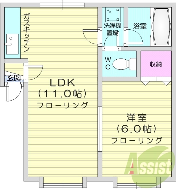 1LDK、システムキッチン、角部屋、灯油暖房