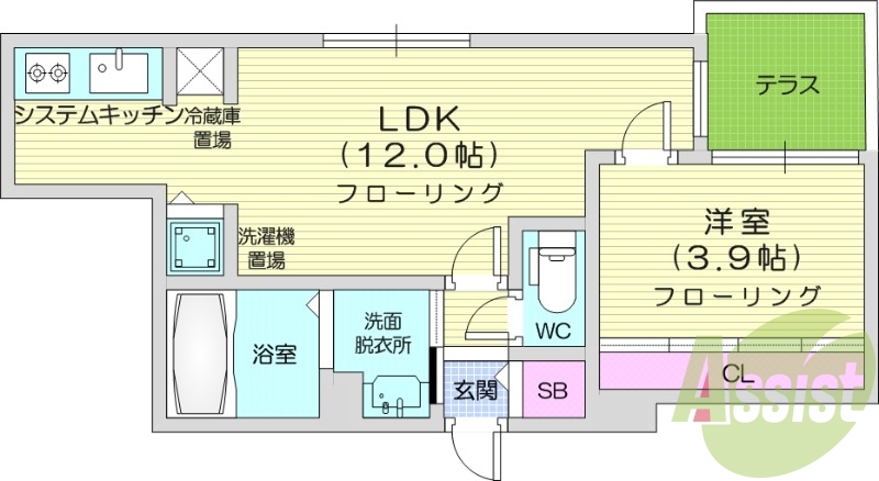 1LDK、エアコン、独立洗面台、システムキッチン、