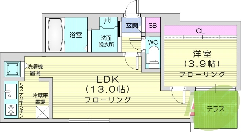 1LDK、エアコン、独立洗面台、システムキッチン、