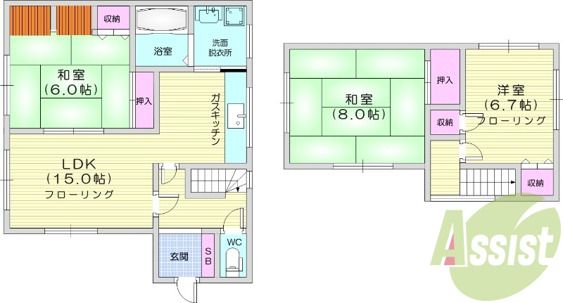 3LDK、無料駐車場付、角部屋、都市ガス