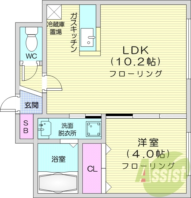 1LDK、オートロック、エアコン、対面キッチン
