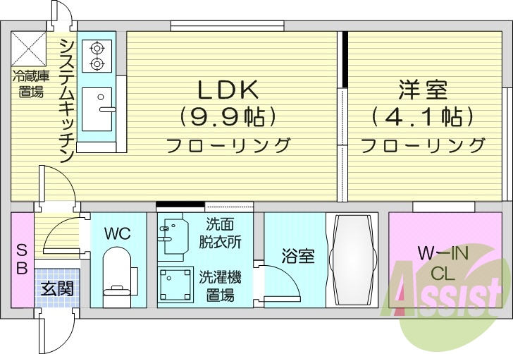 1LDK、エアコン、システムキッチン、独立洗面台