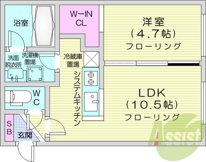 1LDK、エアコン、システムキッチン、独立洗面台