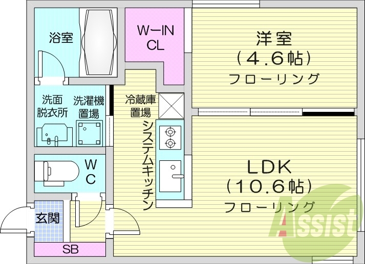 1LDK、エアコン、システムキッチン、独立洗面台