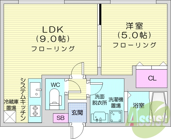 1LDK、エアコン、オートロック、システムキッチン