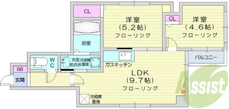 2LDK、シャワートイレ、モニタ付インターホン、灯油暖房