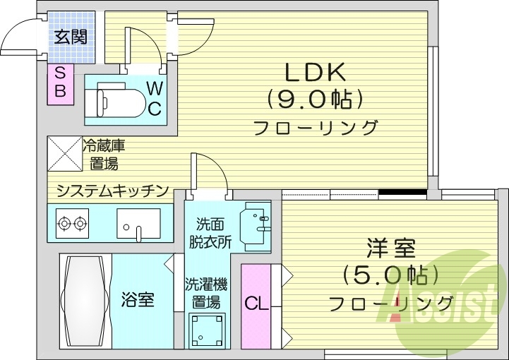 1LDK、エアコン、オートロック、システムキッチン