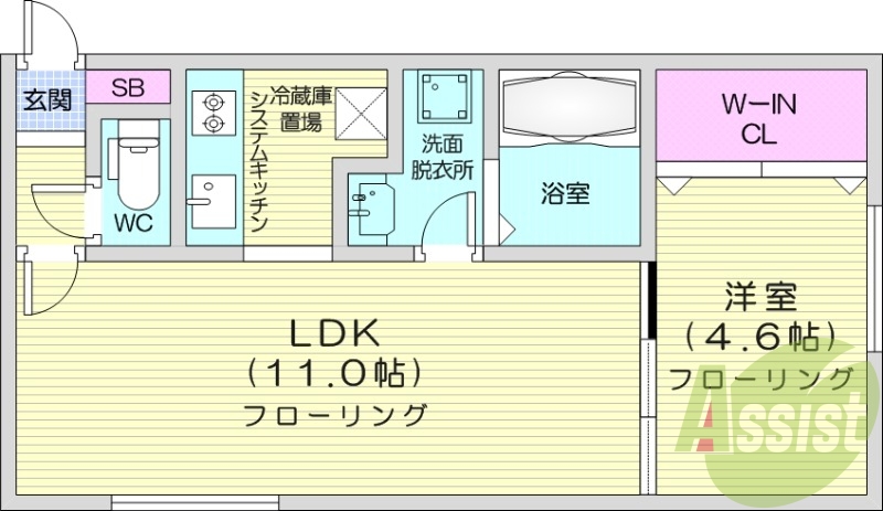 1LDK、エアコン、システムキッチン、都市ガス、独立洗面台