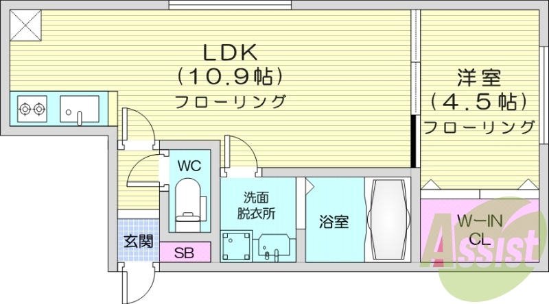 1LDK、エアコン、システムキッチン、都市ガス、独立洗面台