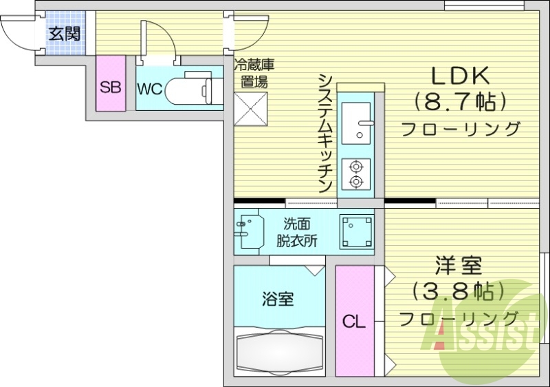 1LDK、エアコン、システムキッチン、都市ガス、独立洗面台