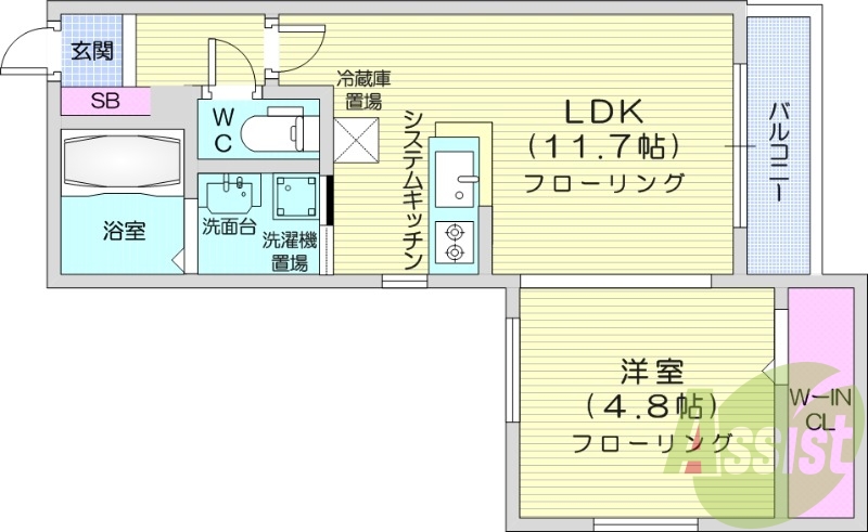 1LDK、エアコン、シャワートイレ、システムキッチン