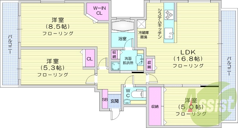 3LDK、都市ガス、追い焚き、浴室乾燥機、システムキッチン