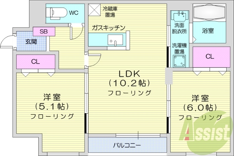 2LDK、都市ガス、オートロック、防犯カメラ