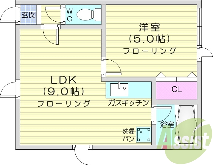 1LDK、灯油暖房、エアコン、バストイレ別
