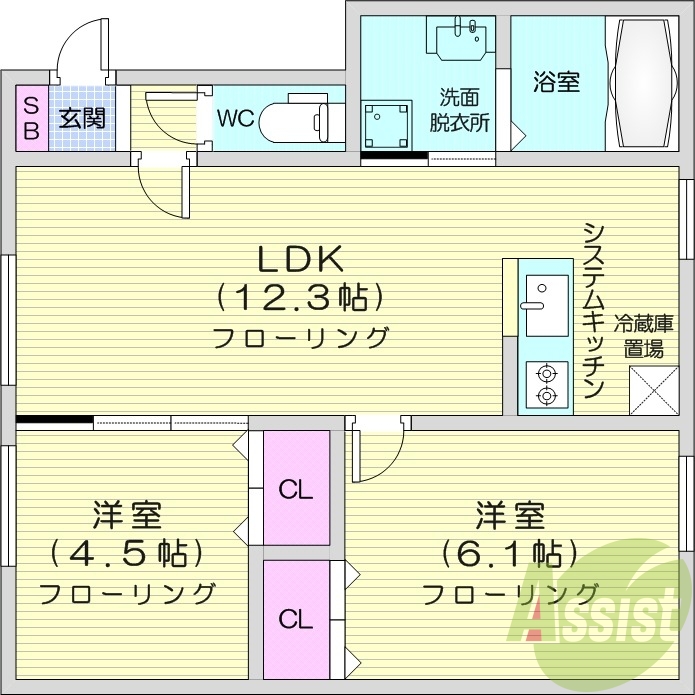 2LDK、エアコン、独立洗面台、システムキッチン