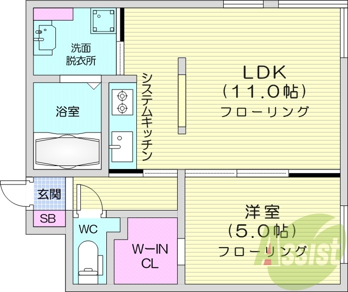 1LDK、エアコン、灯油暖房、浴室乾燥機、システムキッチン